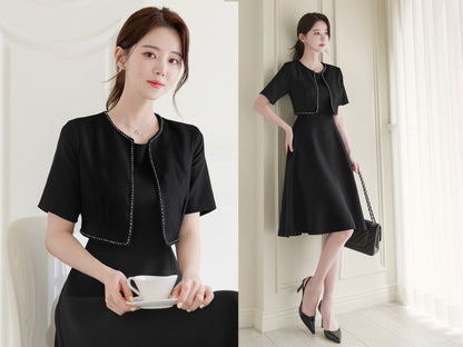 Cropped Top Jacket Layered Design Flare Dress / Korean Style Summer Tweed Dress / Elegant Feminin Black Dress / Basic Style Flare Mini Dress