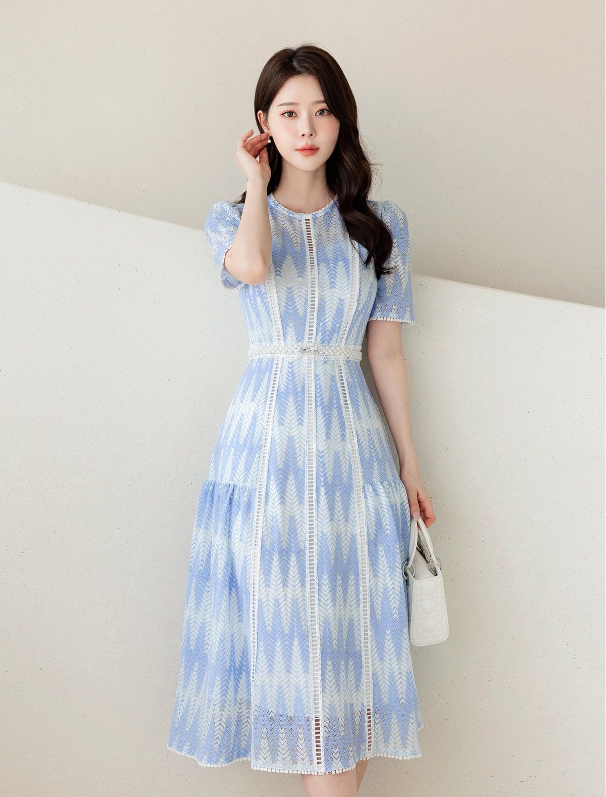 Short Sleeve Spring Summer Leaves Pattern Lace Dress / Korean Style Lace Midi Dress / Luxury wear Elegant Flare Dress