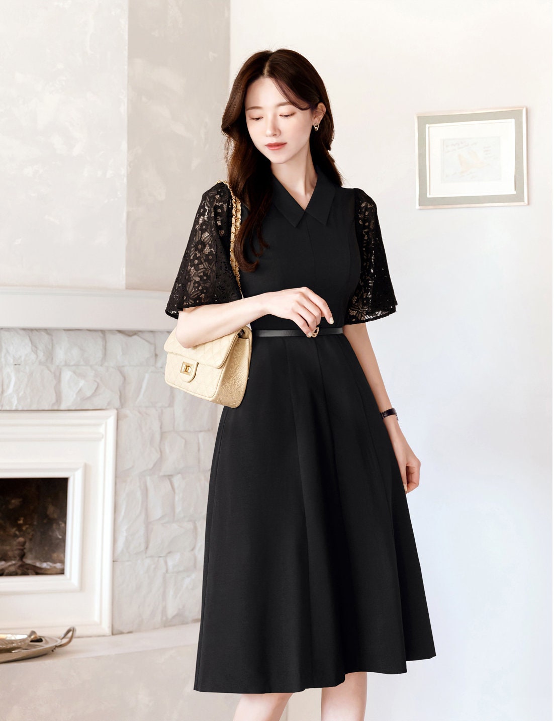 Elegant Classic Lace Sleeve Dress with Belt / Simple Modern Unique Black Dress / Korean Style Feminine Flare Dress