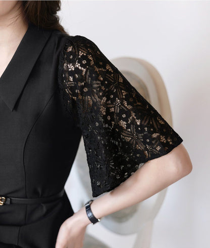 Elegant Classic Lace Sleeve Dress with Belt / Simple Modern Unique Black Dress / Korean Style Feminine Flare Dress