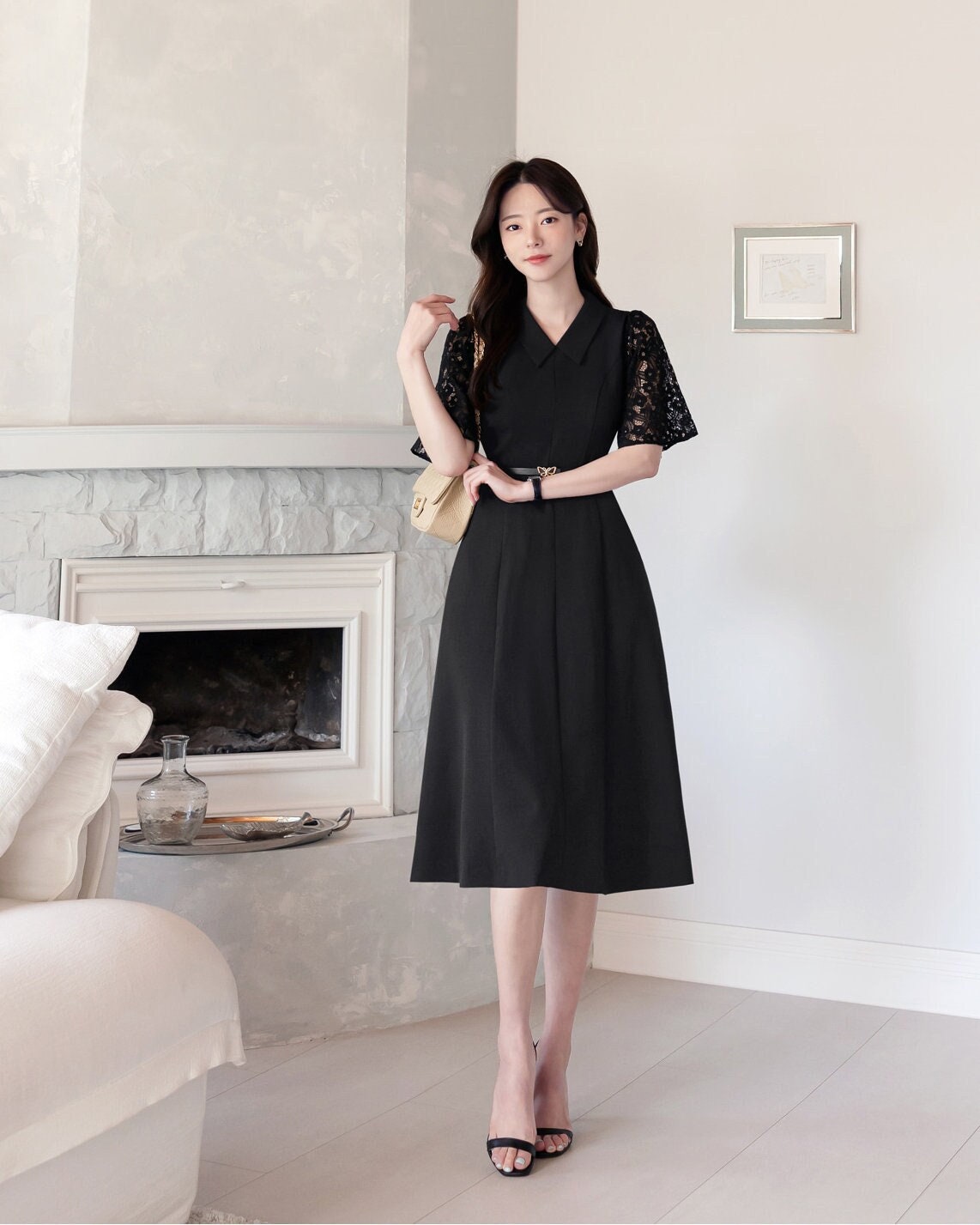 Elegant Classic Lace Sleeve Dress with Belt / Simple Modern Unique Black Dress / Korean Style Feminine Flare Dress