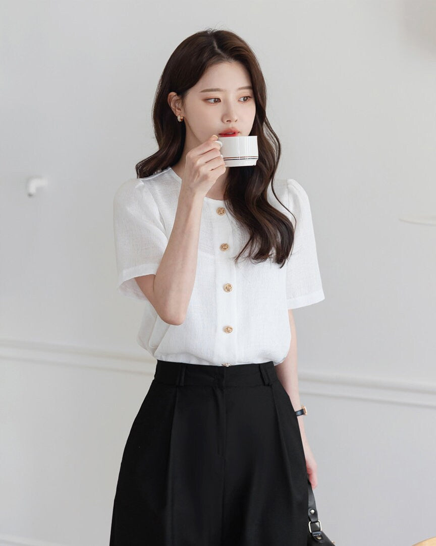 Everyday Soft Short Sleeve Shirt Blouse / Korean Style Luxury Feminine Clothes / Stylish Office Look Top Summer Blouse