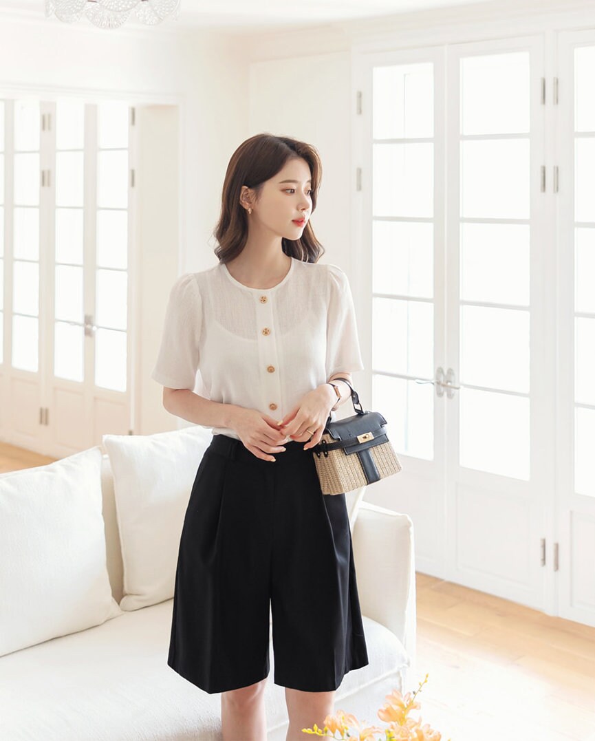 Everyday Soft Short Sleeve Shirt Blouse / Korean Style Luxury Feminine Clothes / Stylish Office Look Top Summer Blouse