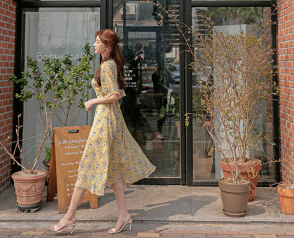 Floral Pattern Spring Summer Mini Dress / Korean Style Women Midi Dress / Short Sleeve Dress / Feminin Elegant Dress