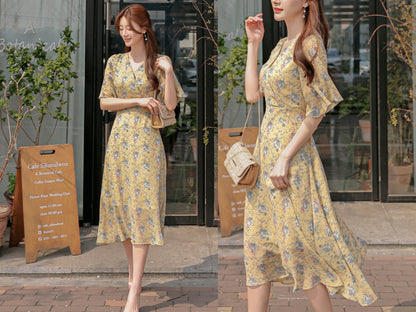 Floral Pattern Spring Summer Mini Dress / Korean Style Women Midi Dress / Short Sleeve Dress / Feminin Elegant Dress