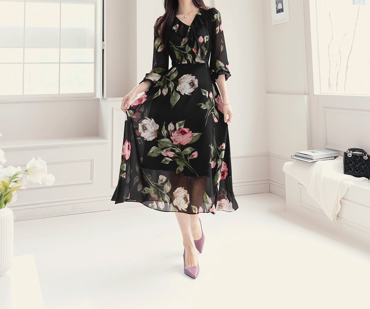 Spring Summer Floral V Neck Long Sleeve Long Chiffon Dress / Korean Style Women Midi Dress