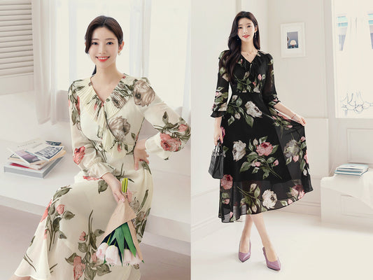 Spring Summer Floral V Neck Long Sleeve Long Chiffon Dress / Korean Style Women Midi Dress