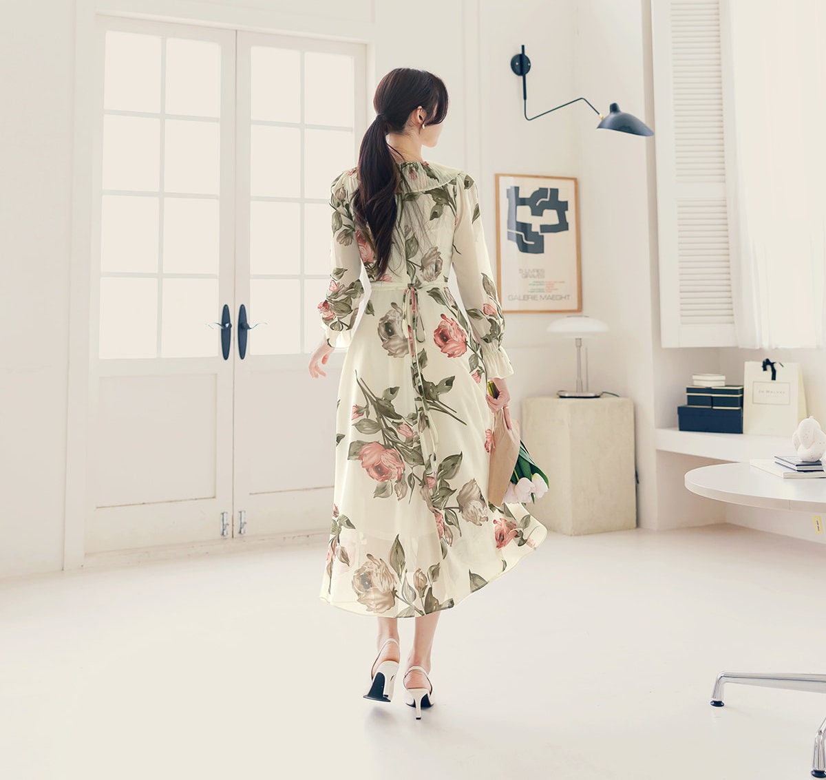 Spring Summer Floral V Neck Long Sleeve Long Chiffon Dress / Korean Style Women Midi Dress