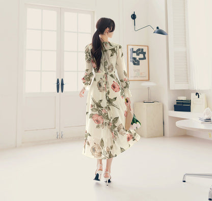 Spring Summer Floral V Neck Long Sleeve Long Chiffon Dress / Korean Style Women Midi Dress