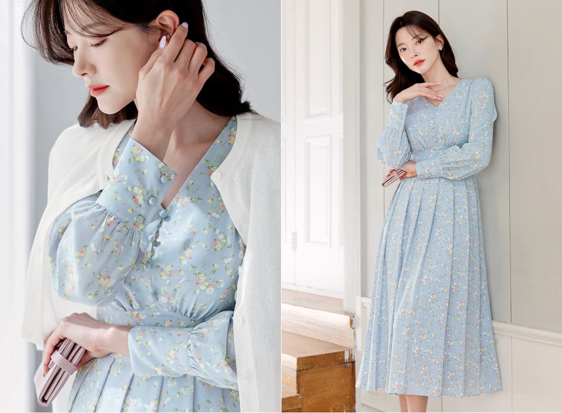 Spring Summer Floral V Neck Long Sleeve Midi Dress / Korean Style Women Dress / V-neck Long Pleated Dress Blue