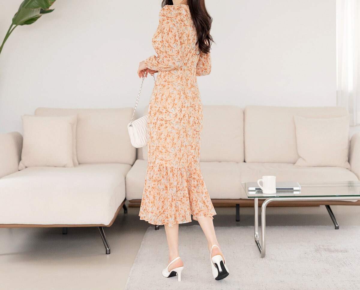 V Neck Floral Chiffon Long Dress / Long Sleeve Spring Summer Semi-Mermaid Midi Dress / Korean Style Feminin Midi Dress