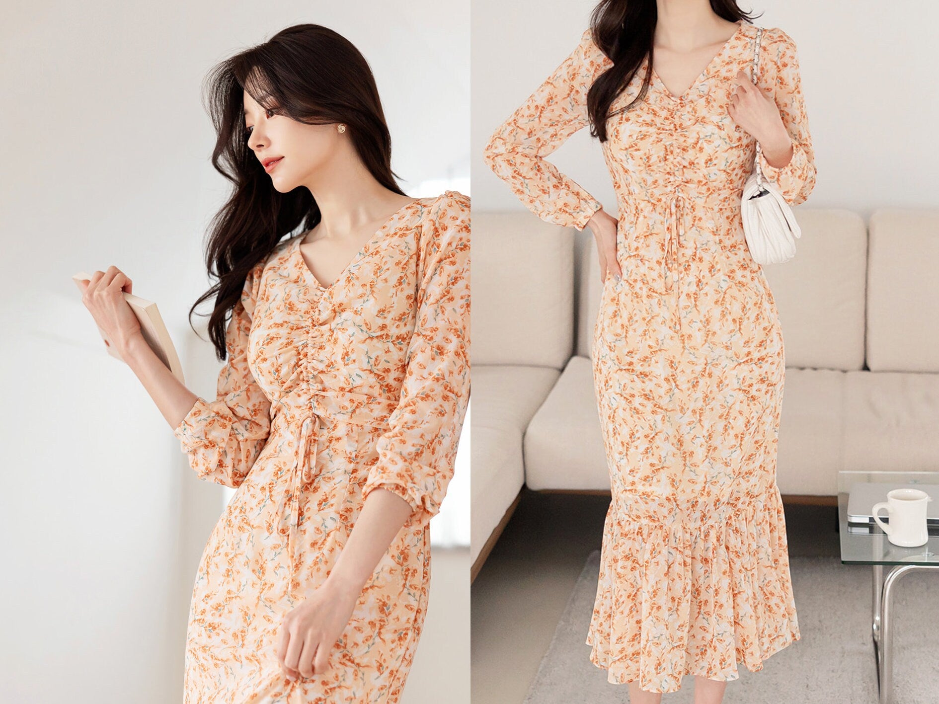 V Neck Floral Chiffon Long Dress / Long Sleeve Spring Summer Semi-Mermaid Midi Dress / Korean Style Feminin Midi Dress