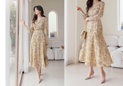 Ruffle Collar V Neck Floral Chiffon Long Dress / Long Sleeve Spring Summer Midi Dress / Korean Style Feminin Midi Dress