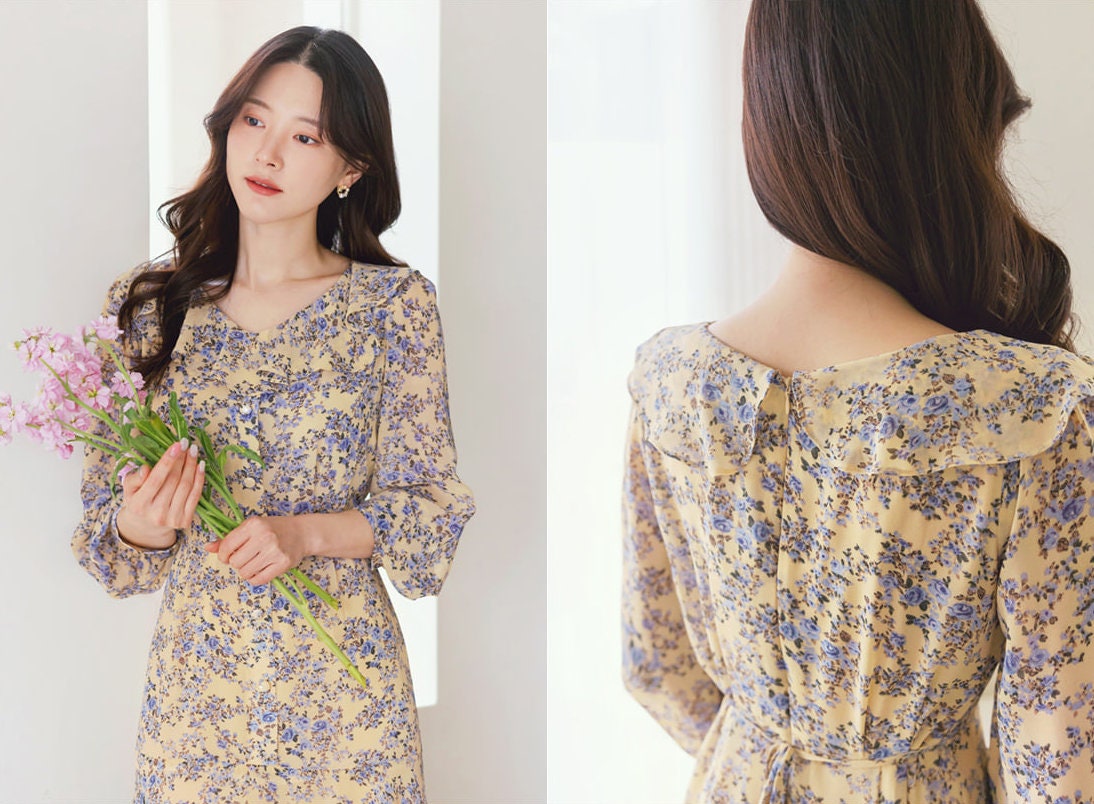 Ruffle Collar V Neck Floral Chiffon Long Dress / Long Sleeve Spring Summer Midi Dress / Korean Style Feminin Midi Dress