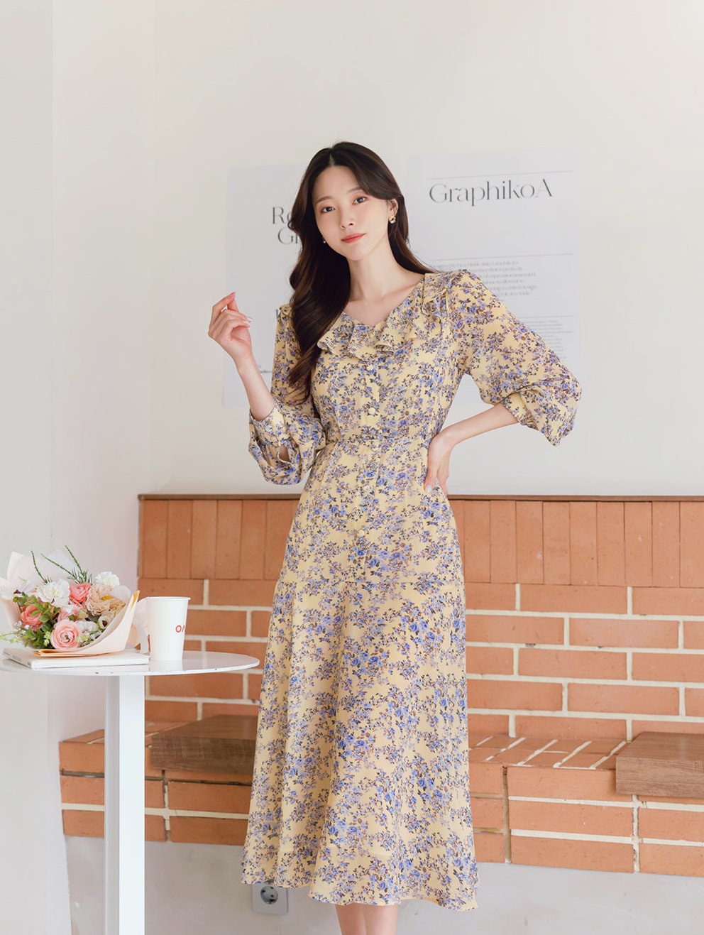 Ruffle Collar V Neck Floral Chiffon Long Dress / Long Sleeve Spring Summer Midi Dress / Korean Style Feminin Midi Dress