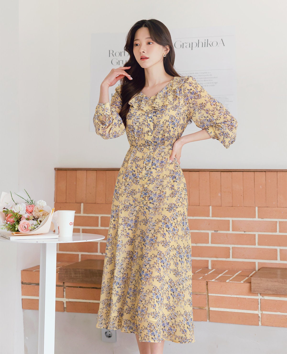 Ruffle Collar V Neck Floral Chiffon Long Dress / Long Sleeve Spring Summer Midi Dress / Korean Style Feminin Midi Dress