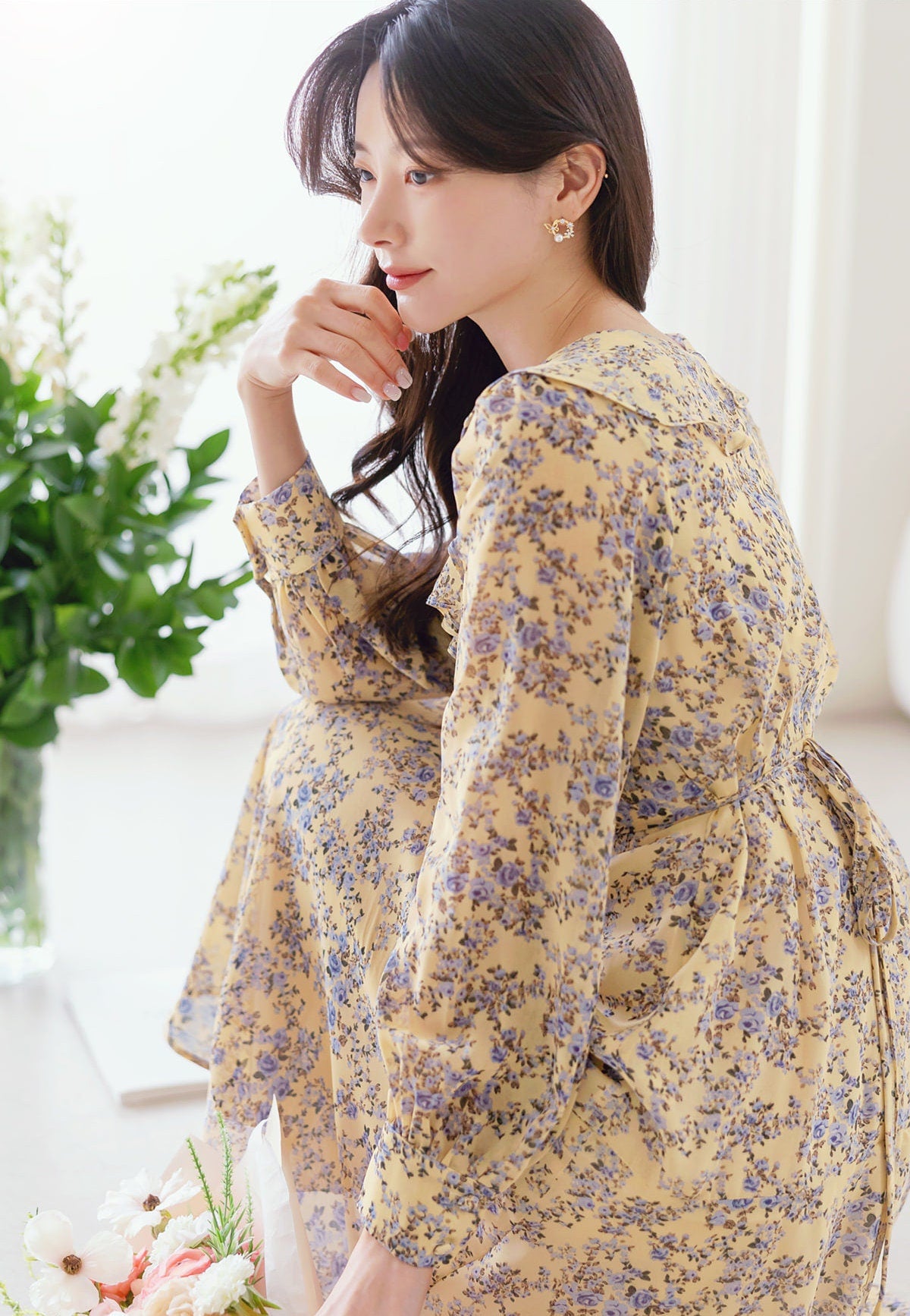 Ruffle Collar V Neck Floral Chiffon Long Dress / Long Sleeve Spring Summer Midi Dress / Korean Style Feminin Midi Dress