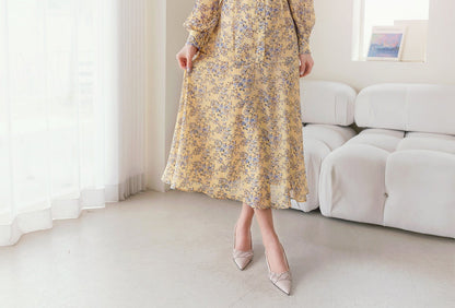 Ruffle Collar V Neck Floral Chiffon Long Dress / Long Sleeve Spring Summer Midi Dress / Korean Style Feminin Midi Dress