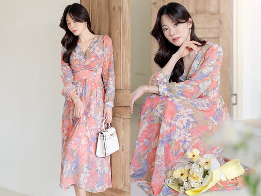 Feminin V Neck Floral Chiffon Long Dress / Long Sleeve Spring Summer Midi Dress / Korean Style Feminin Midi Dress