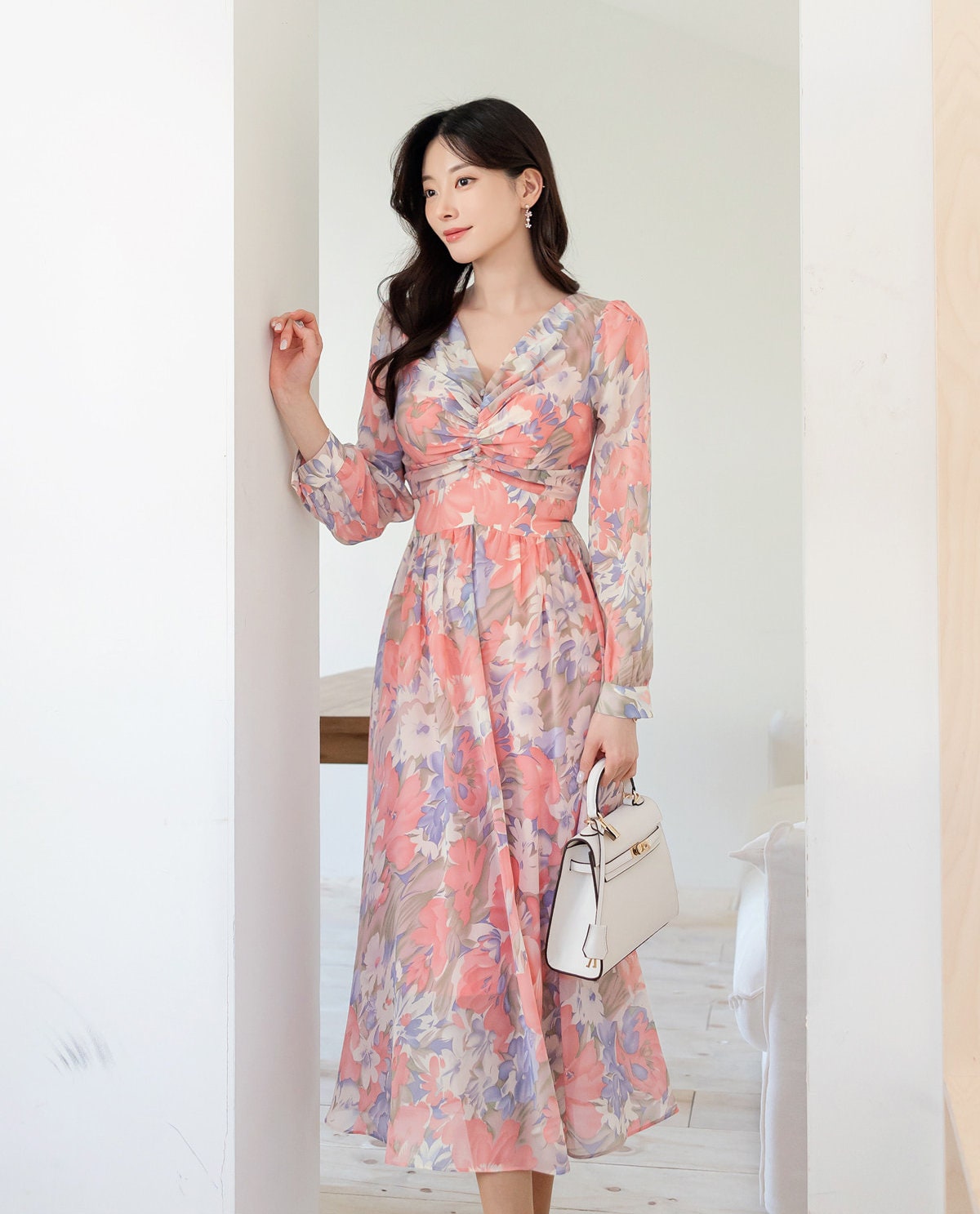 Feminin V Neck Floral Chiffon Long Dress / Long Sleeve Spring Summer Midi Dress / Korean Style Feminin Midi Dress