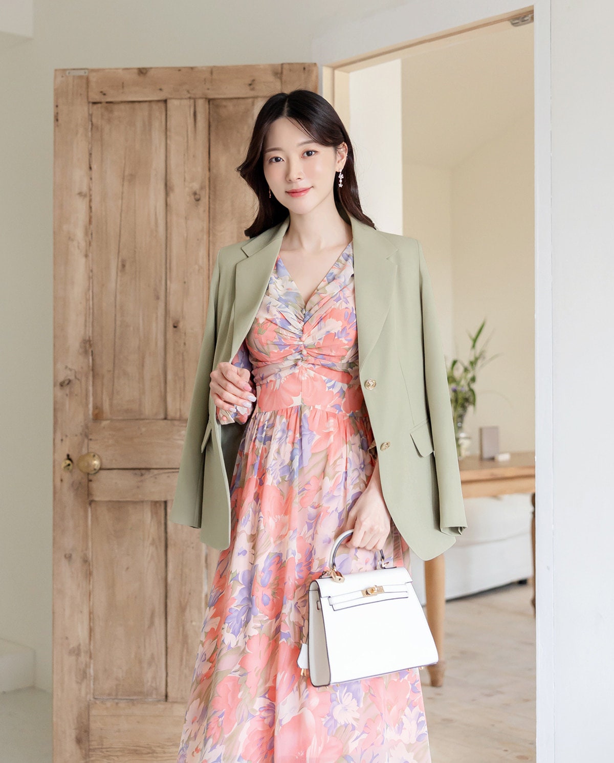 Feminin V Neck Floral Chiffon Long Dress / Long Sleeve Spring Summer Midi Dress / Korean Style Feminin Midi Dress