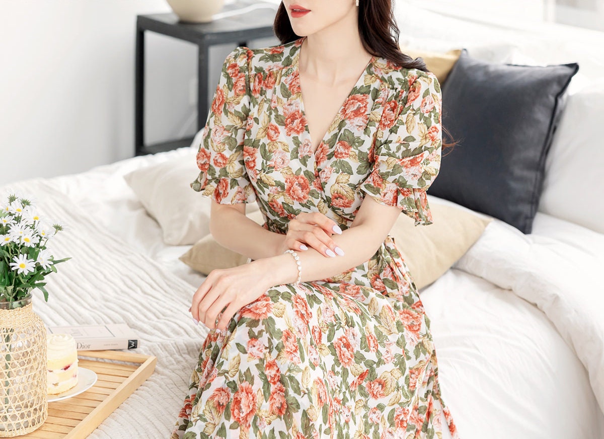 Romantic Floral Wrap Style V-neck Long Chiffon Dress / Korean Style Women Short Sleeve Maxi Dress