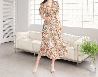 Romantic Floral Wrap Style V-neck Long Chiffon Dress / Korean Style Women Short Sleeve Maxi Dress