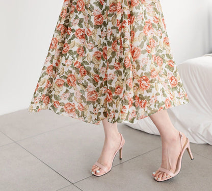 Romantic Floral Wrap Style V-neck Long Chiffon Dress / Korean Style Women Short Sleeve Maxi Dress