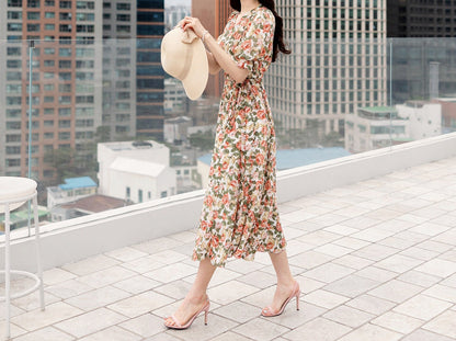 Romantic Floral Wrap Style V-neck Long Chiffon Dress / Korean Style Women Short Sleeve Maxi Dress