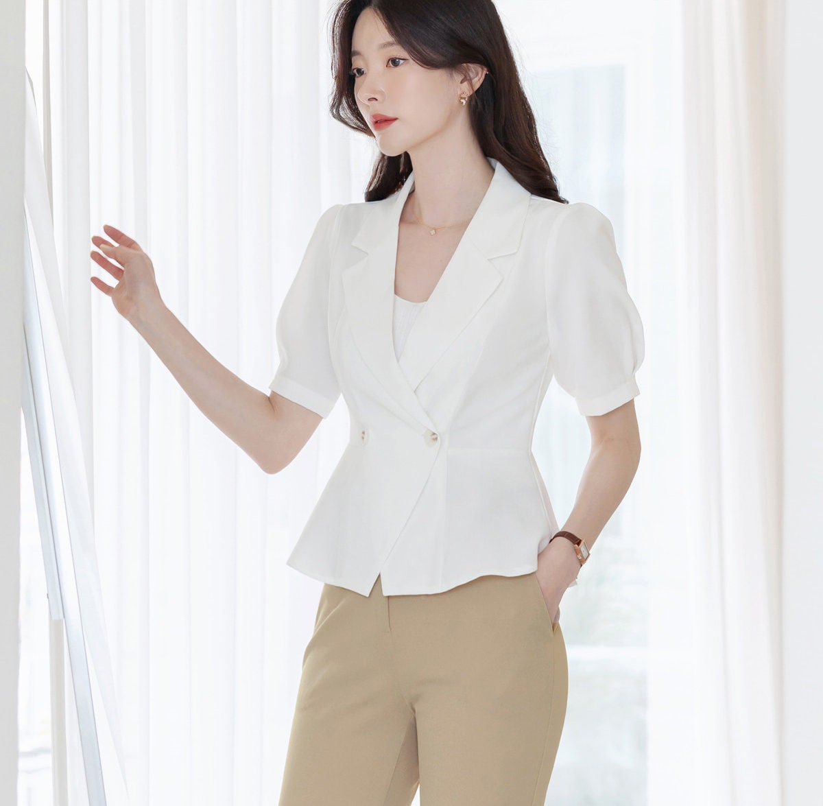 Elegant Feminin Puff Sleeve Peplum Style Jacket / Korean Style Tailored Collar Summer Jacket / Short Sleeve Top Daily Jacket for Women