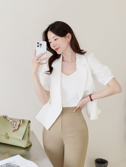 Elegant Feminin Puff Sleeve Peplum Style Jacket / Korean Style Tailored Collar Summer Jacket / Short Sleeve Top Daily Jacket for Women