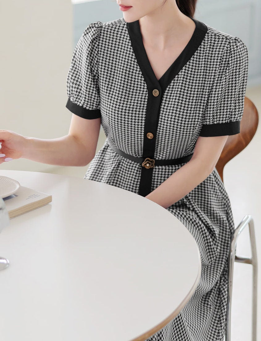 Classic V Neck Puff Sleeve Button Long Dress with Belt / Korean Style Elegant Feminin Shirtdress / Short Sleeve Houndstooth Flare Midi Dress