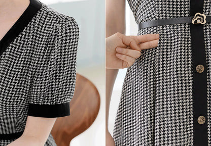 Classic V Neck Puff Sleeve Button Long Dress with Belt / Korean Style Elegant Feminin Shirtdress / Short Sleeve Houndstooth Flare Midi Dress