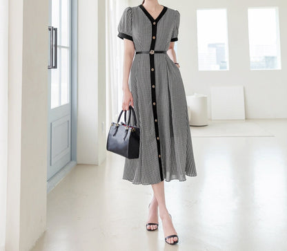 Classic V Neck Puff Sleeve Button Long Dress with Belt / Korean Style Elegant Feminin Shirtdress / Short Sleeve Houndstooth Flare Midi Dress