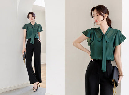 Korean Style Tie Neck Wing Sleeve Blouse Top / Short Sleeve Chiffon Tie Blouse / Office Look Top / Everyday Soft Blouse for Summer