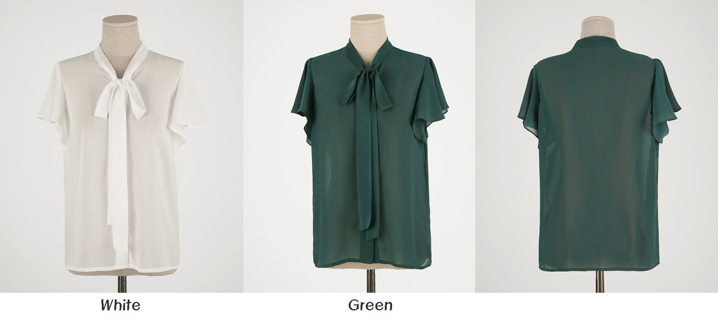 Korean Style Tie Neck Wing Sleeve Blouse Top / Short Sleeve Chiffon Tie Blouse / Office Look Top / Everyday Soft Blouse for Summer