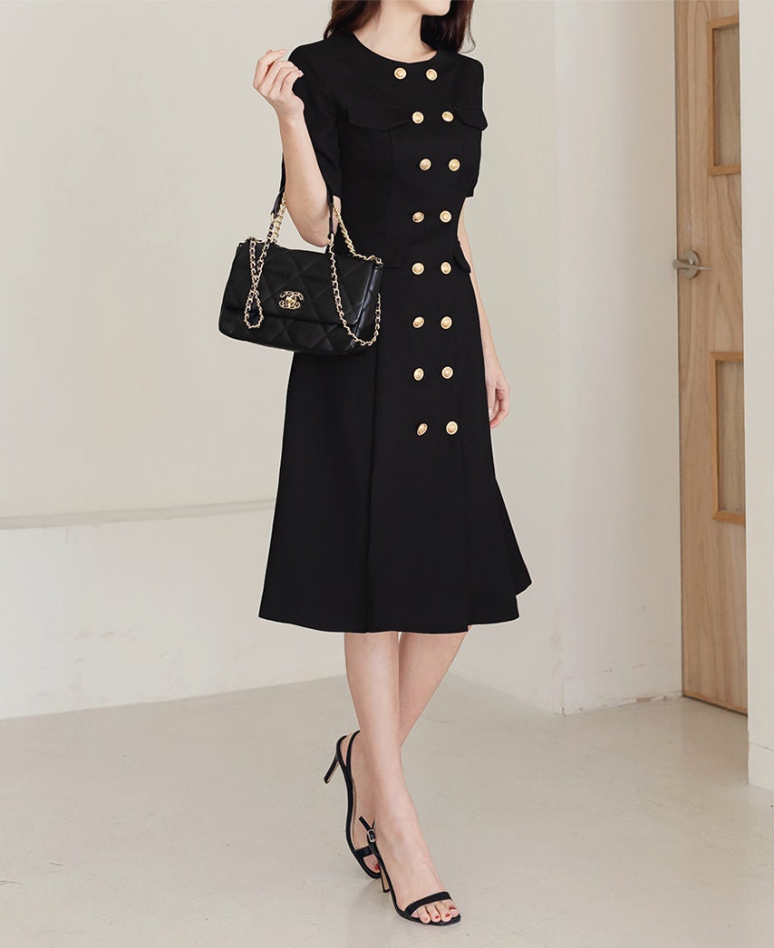 Korean Style Double Breasted Jacket Dress / Elegant Feminin Short Sleeve Modern Chic Midi Dress for Summer