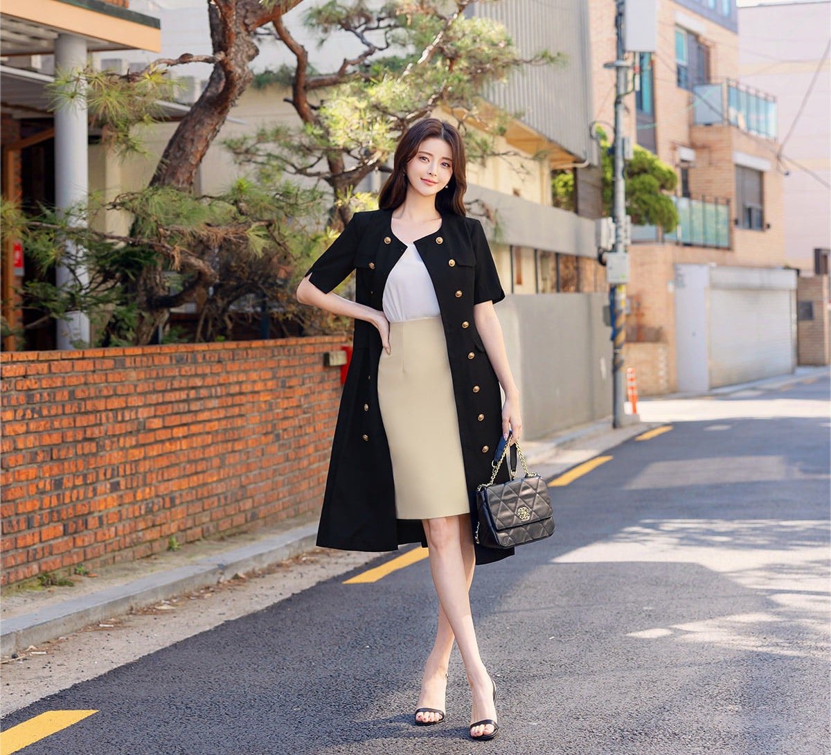 Korean Style Double Breasted Jacket Dress / Elegant Feminin Short Sleeve Modern Chic Midi Dress for Summer