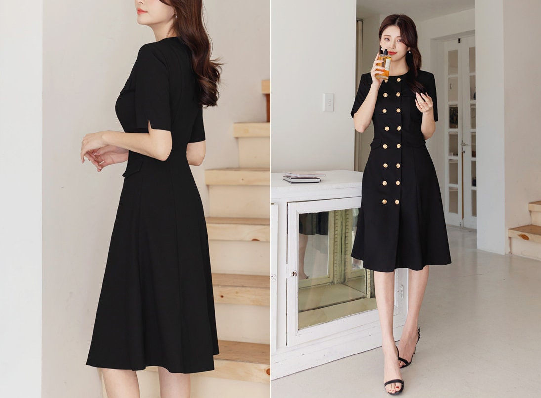 Korean Style Double Breasted Jacket Dress / Elegant Feminin Short Sleeve Modern Chic Midi Dress for Summer