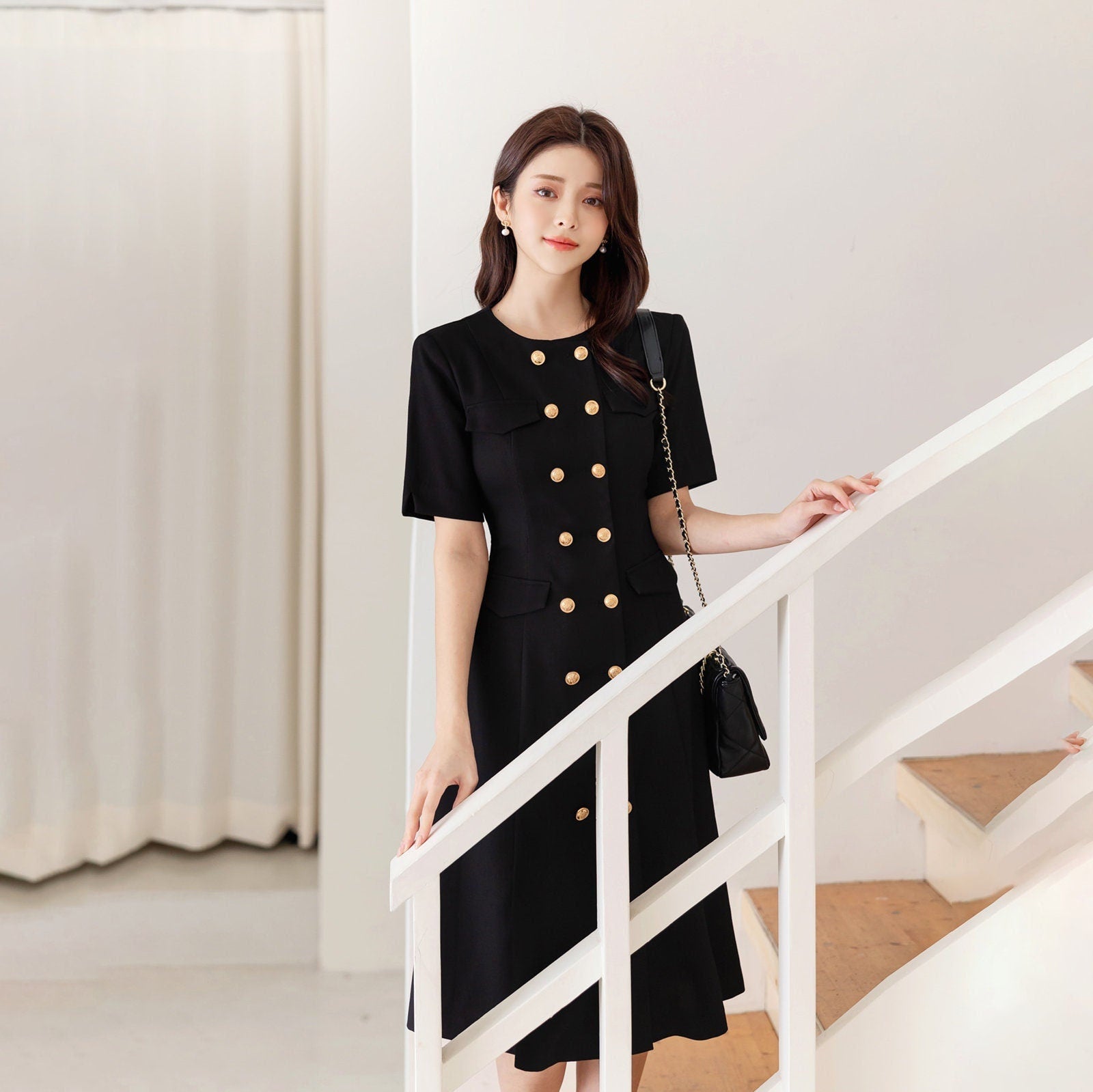 Korean Style Double Breasted Jacket Dress / Elegant Feminin Short Sleeve Modern Chic Midi Dress for Summer