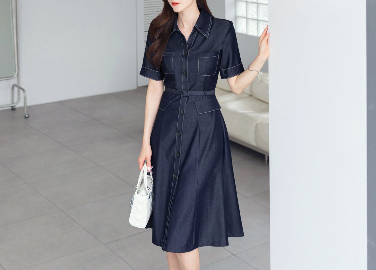 Elegant Feminin Short Sleeve Denim Shirtdress with Belt / Korean Style Frontl Button Flare Dress / Spring Summer Dress for Women