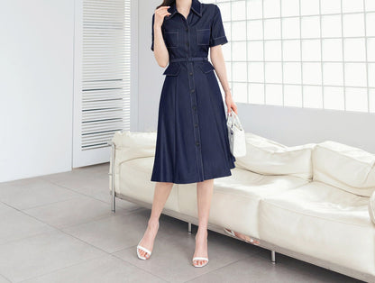 Elegant Feminin Short Sleeve Denim Shirtdress with Belt / Korean Style Frontl Button Flare Dress / Spring Summer Dress for Women