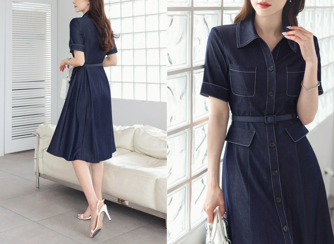 Elegant Feminin Short Sleeve Denim Shirtdress with Belt / Korean Style Frontl Button Flare Dress / Spring Summer Dress for Women