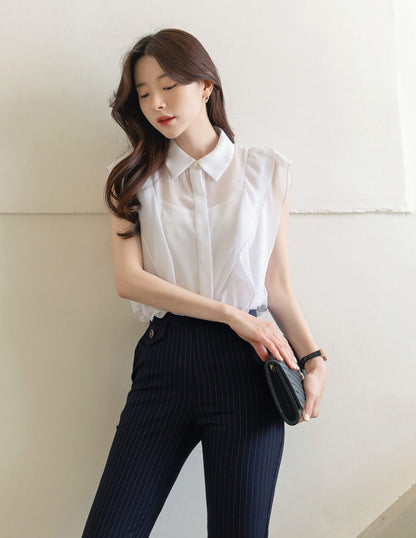 Lovely Feminine Sleeveless See-through Blouse / Korean Style Office Look Top / Everyday Soft Blouse for Summer