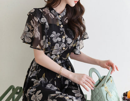 Korean Style Elegant Feminin Floral Chiffon Shirtdress with Strap Belt / Wing Sleeve Front Button Midi Dress /Short Sleeve Midi Dress