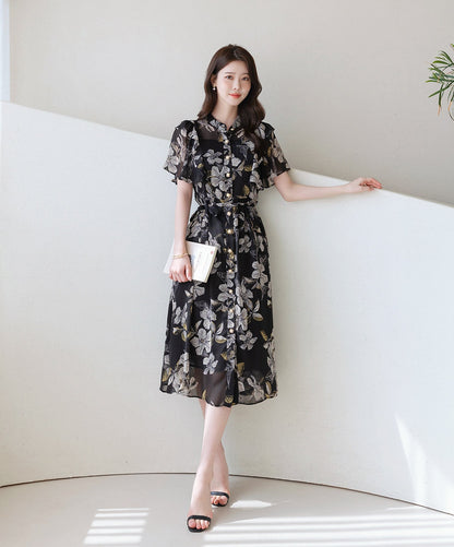 Korean Style Elegant Feminin Floral Chiffon Shirtdress with Strap Belt / Wing Sleeve Front Button Midi Dress /Short Sleeve Midi Dress