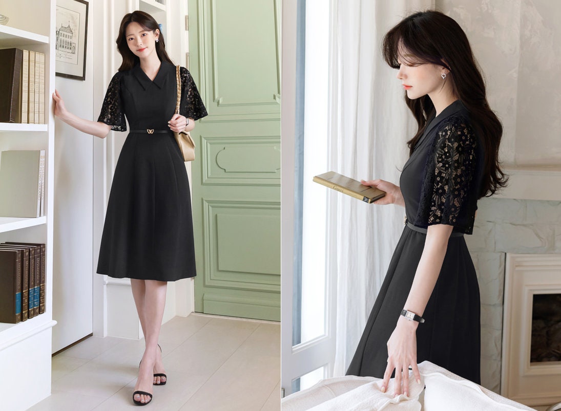 Elegant Classic Lace Sleeve Dress with Belt / Simple Modern Unique Black Dress / Korean Style Feminine Flare Dress