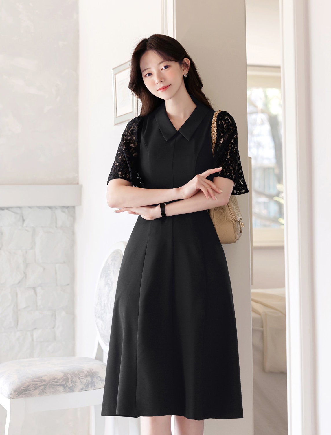 Elegant Classic Lace Sleeve Dress with Belt / Simple Modern Unique Black Dress / Korean Style Feminine Flare Dress