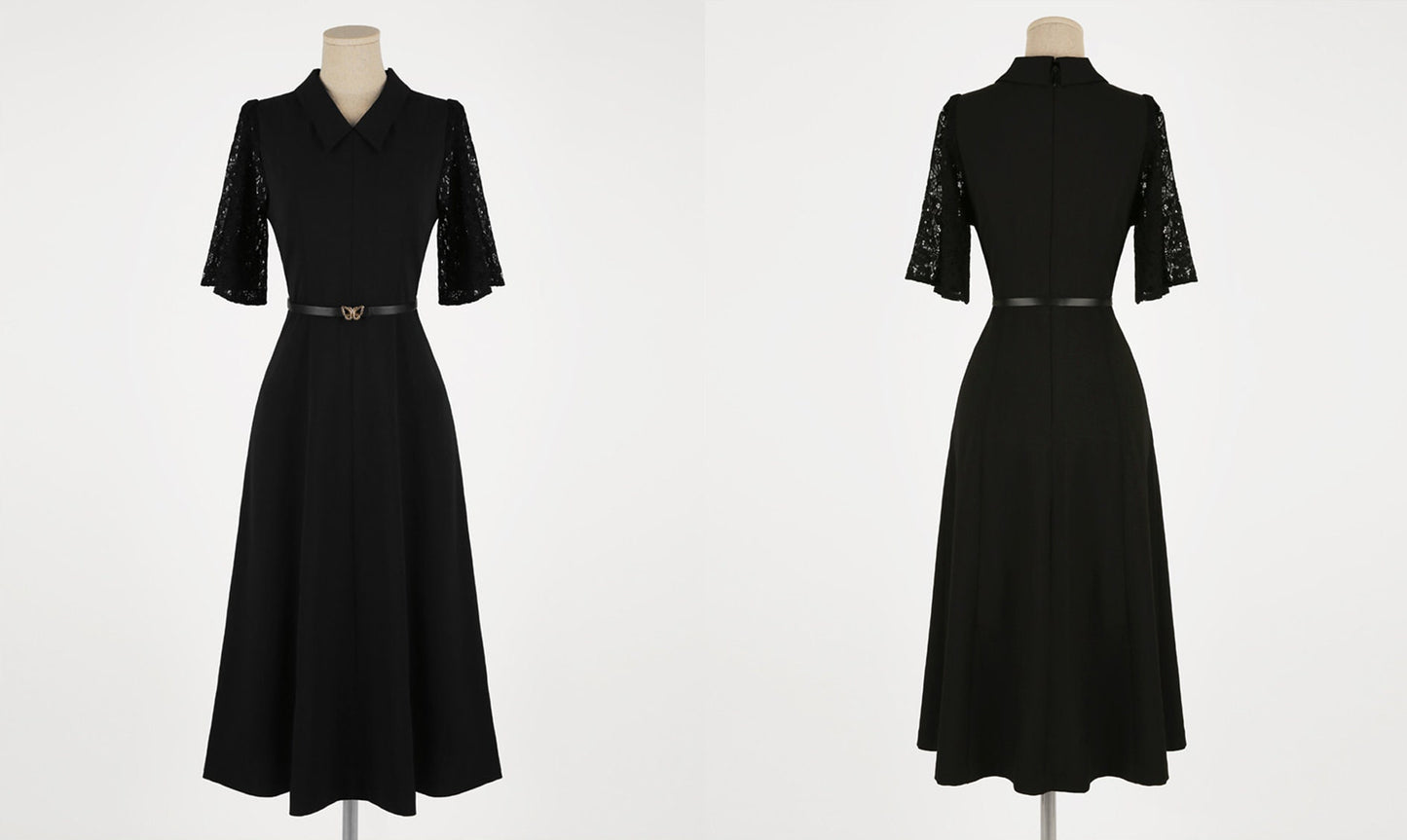 Elegant Classic Lace Sleeve Dress with Belt / Simple Modern Unique Black Dress / Korean Style Feminine Flare Dress