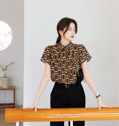 Modern Chic Pattern Short Sleeve Tie Blouse / Korean Style Tie Neck Blouse Top / Office Look Top / Everyday Soft Blouse